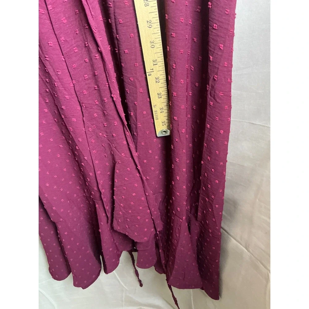 PrettyGarden Swiss Dot Maxi Dress Women Large Burgundy NWT Ruffle V-Neck Short